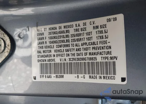 2009 Honda Cr-V Lx from USA, damaged, VIN 3CZRE38399G708825
